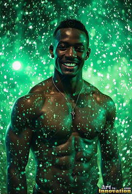 Facing forward under bright green water drops, a shirtless man smiles
