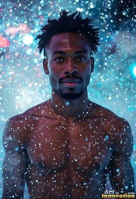 A bare-chested man stands surrounded by floating blue specks of light