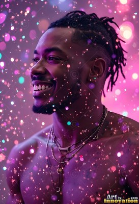 In a shower of purple water droplets, a bare-chested man smiling looks to the side