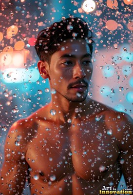 Standing shirtless in water falling down droplets, a man looking aside in warm city light