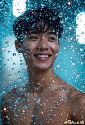 Grinning man behind water droplets in cool blue light