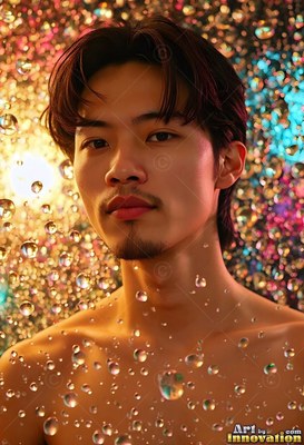Dark hair framing his face, a bare-chested man stares out through bright drops of water in golden light
