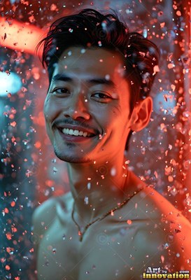 A man smiling stands under water falling down droplets lit by warm red light