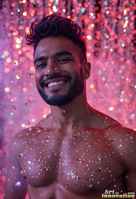 Smiling bare-chested man under falling water drops in pink light