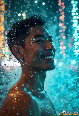 A shirtless man smiles in the rain under bright turquoise lights