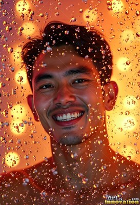 In warm yellow light, a smiling man stands behind a spray of water droplets