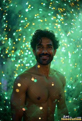 Smiling shirtless, a dark-haired man stands in bright green light filled with soft yellow dots