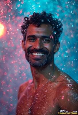 A smiling man in water falling down droplets lit by pink and blue light
