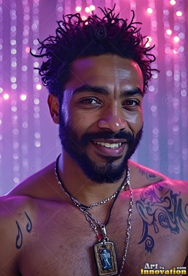 A smiling man with tattoos and short dreadlocks stands before bright purple lights