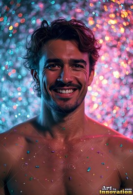 A smiling man without a shirt stands in front of sparkling pink and teal lights