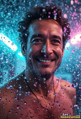 Smiling face of a shirtless man under droplets of water in blue light