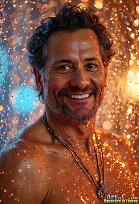 A smiling, shirtless man stands covered in warm golden water droplets