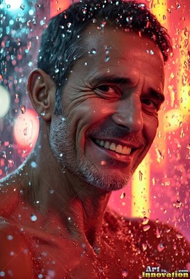 In a warm shower, a smiling gray-haired man stands behind wet glass in red light