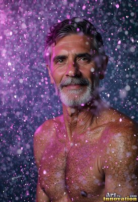 Smiling bare-chested, an older bearded man stands under falling purple water drops