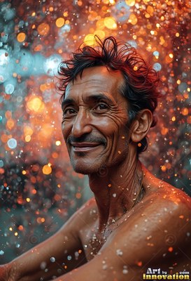 A smiling bare-chested man sits in warm rain filled with golden light spots