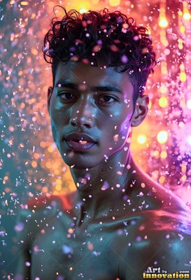 Wet curls cling to the forehead of a bare-chested man under falling droplets of pink light