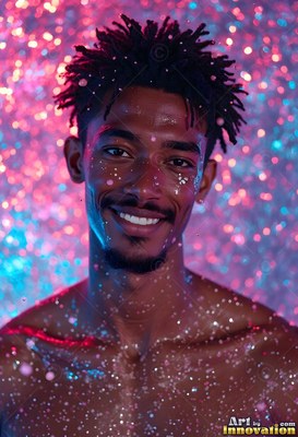 A smiling man gazes forward under falling drops of water in pink light