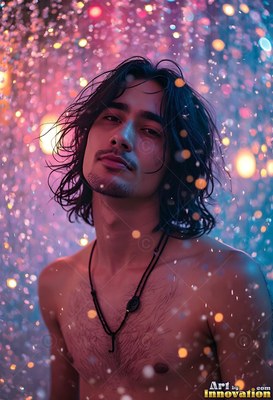 Bare-chested man facing forward in a shower of bright pink water droplets