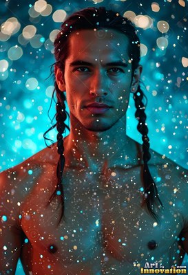 A shirtless man with braided hair stands in falling bright blue drops