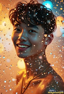Under warm yellow lights, a smiling shirtless young man is showered in water droplets