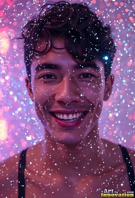 Smiling directly ahead, a young man stands in purple light showered in bright specks