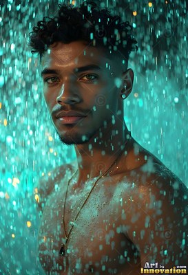 A shirtless man stands under water coming down in teal light