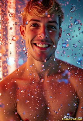 A smiling blond man with bare shoulders stands behind falling water droplets in orange and teal light