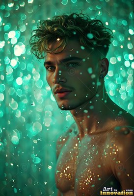 A shirtless man looking forward as drops of water fall in bright teal light