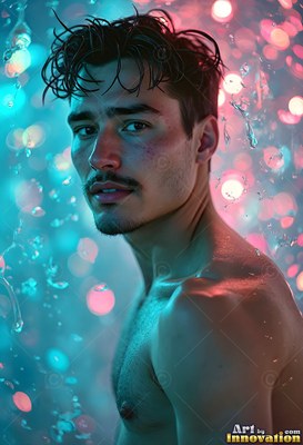 Turned sideways in a shower of lights, a shirtless man under teal and pink bokeh