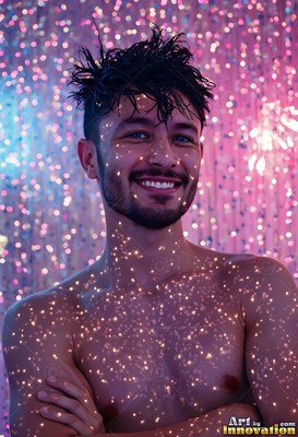 A smiling shirtless man with wet hair stands in pink light speckled with drops of water