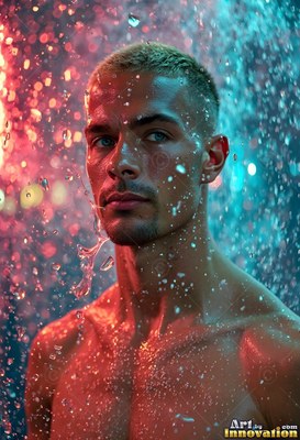 In falling rain lit red and teal, a shirtless man looks to the side
