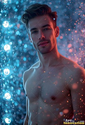 Looking forward, a shirtless man smiles through falling blue drops of water