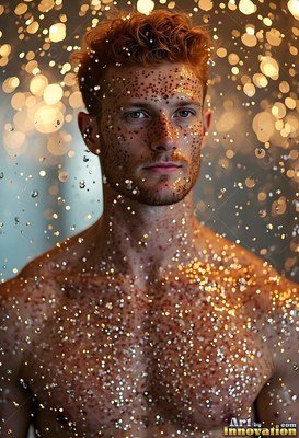 A shirtless redheaded man covered in sparkling water droplets