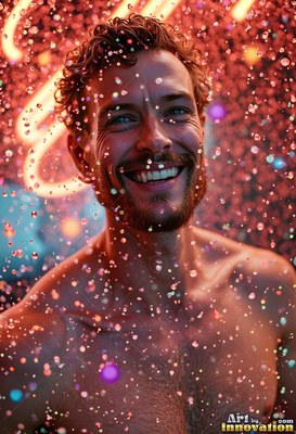 Smiling with curly hair, a shirtless man stands in falling water droplets lit in bright red and warm neon hues