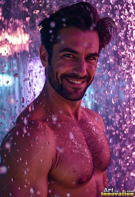 A smiling bare-chested man stands in water falling down lit by deep purple light