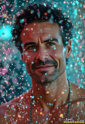 Facing forward, a smiling man stands in rain lit by teal and pink lights