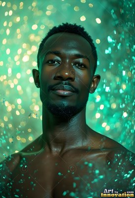 In green light, a shirtless man looking forward behind sparkling drops of water