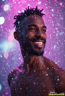 Smiling in descending water, a shirtless Black man stands in purple light