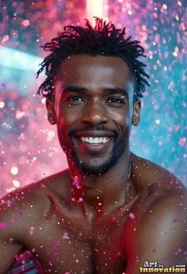 Shirtless man with a smile covered in pink and blue water droplets