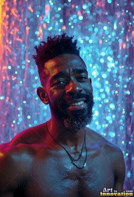 A man smiling with a graying beard stands shirtless in blue, shimmering light