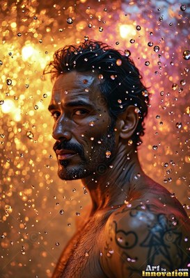 A tattooed man gazes over his shoulder as bright water droplets fall in warm orange light