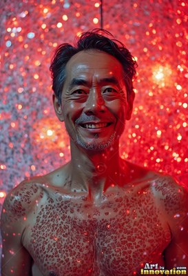 Facing forward, a smiling bare-chested man stands in red speckled light