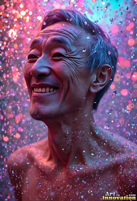An older man smiles up through cascading drops of water under pink light