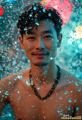 In blue light, a shirtless man with a smile stands behind water falling down drops