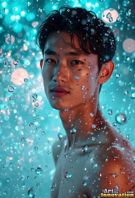 Standing shirtless in the shower, a young man peers forward through blue water drops