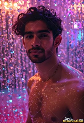A shirtless man with wet skin in bright pink and purple light