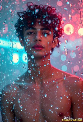 Curly dark hair frames a bare-chested young man behind water drops in blue light