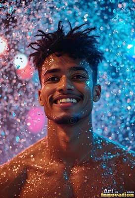 A smiling bare-chested man stands under falling water lit by bright blue and pink lights