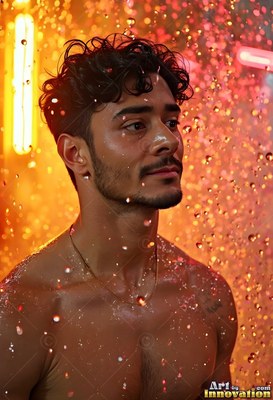 Shirtless man standing in a shower under orange and red lights