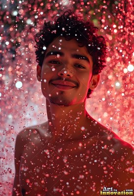 A shirtless man smiles as red light shines through a falling spray of water